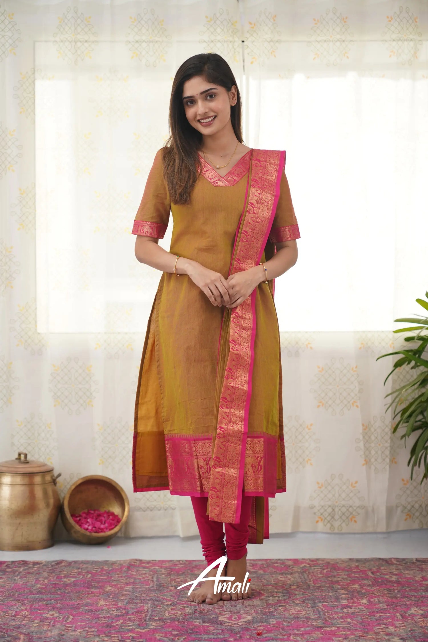 Meera Two Tone Henna Mustard Shade And Pink Tone Cotton Salwar Salwar