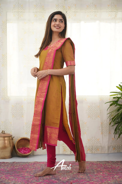 Meera Two Tone Henna Mustard Shade And Pink Tone Cotton Salwar Salwar