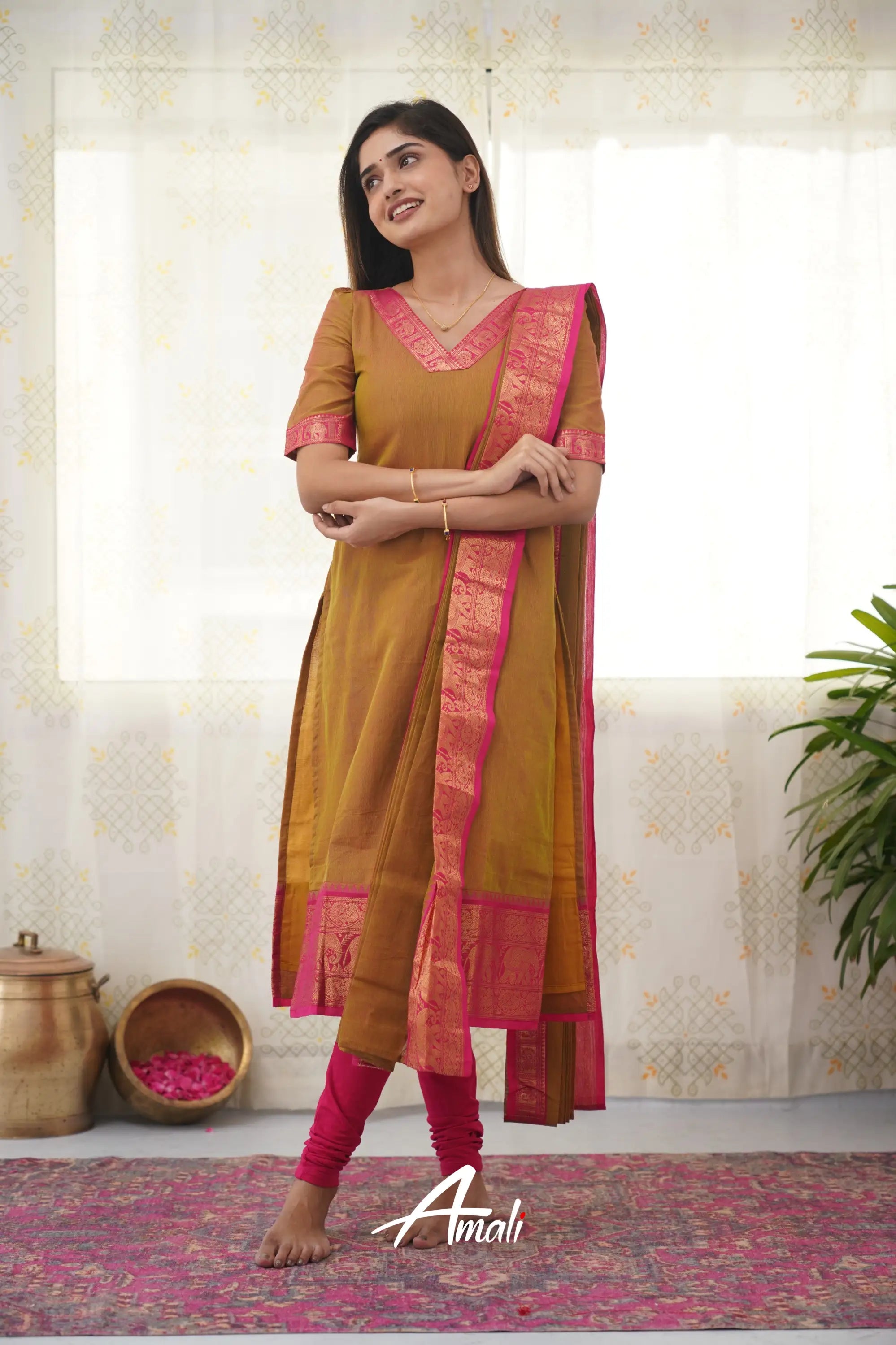 Meera Two Tone Henna Mustard Shade And Pink Tone Cotton Salwar Salwar