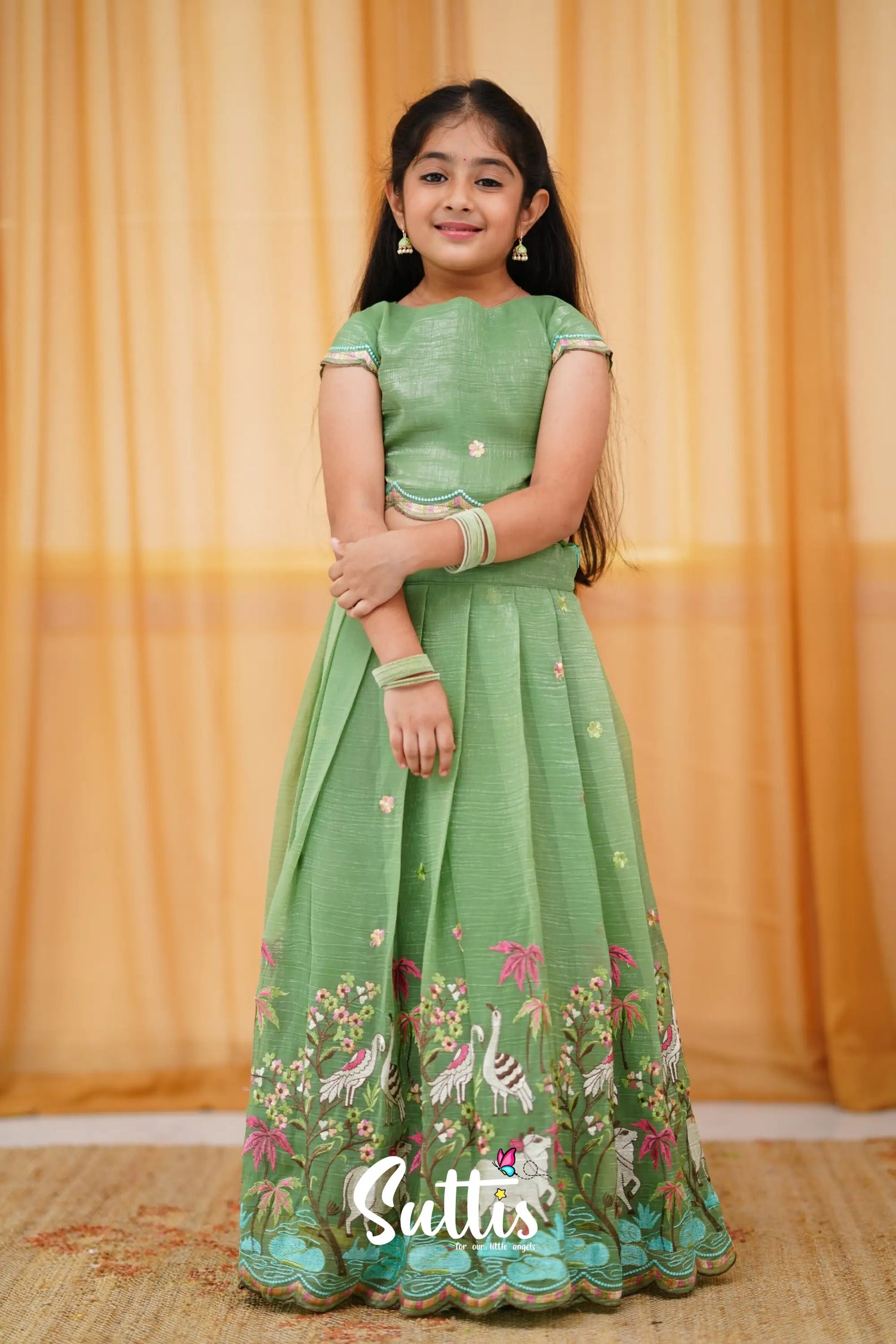 Metallic Chiffon Silk Croptop &amp; Skirt - Dull Green Kids-Suttis