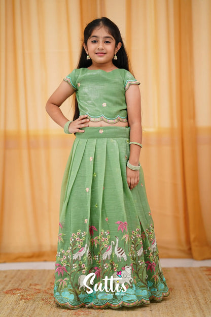 Metallic Chiffon Silk Croptop &amp; Skirt - Dull Green Kids-Suttis