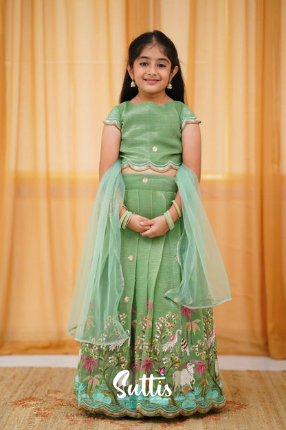 Metallic Chiffon Silk Croptop &amp; Skirt - Dull Green Kids-Suttis