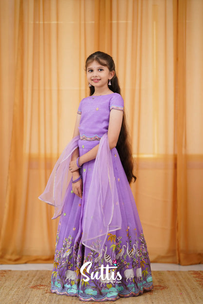 Metallic Chiffon Silk Croptop &amp; Skirt - Lavender Kids-Suttis