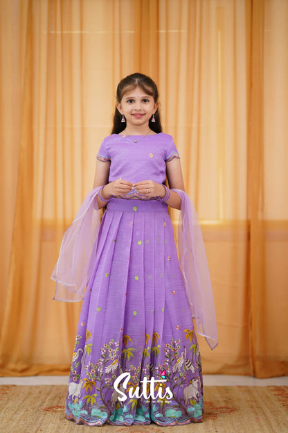 Metallic Chiffon Silk Croptop &amp; Skirt - Lavender Kids-Suttis