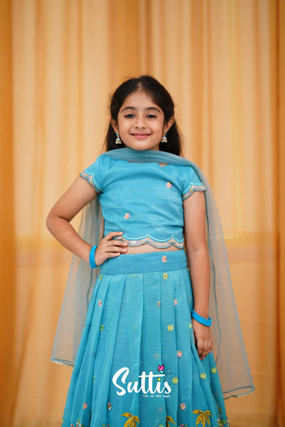 Metallic Chiffon Silk Croptop &amp; Skirt - Sky Blue Kids-Suttis