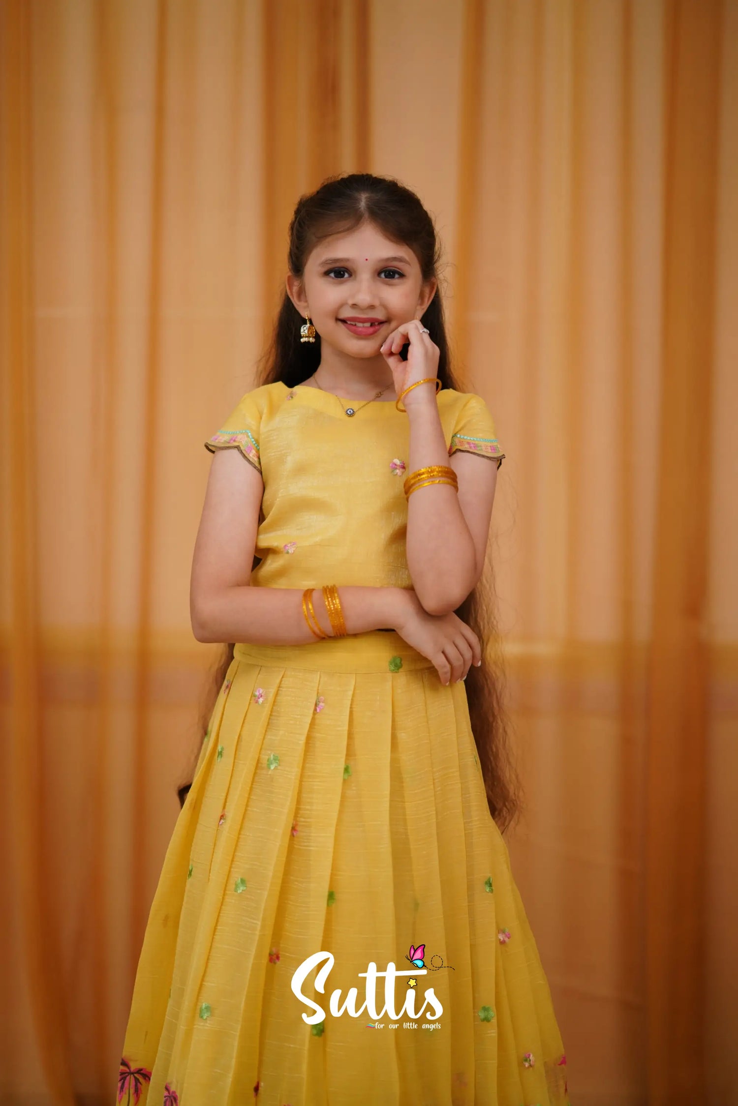 Metallic Chiffon Silk Croptop &amp; Skirt - Yellow Kids-Suttis