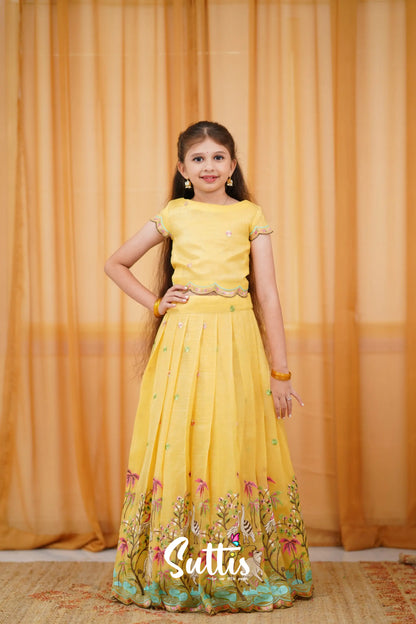 Metallic Chiffon Silk Croptop &amp; Skirt - Yellow Kids-Suttis