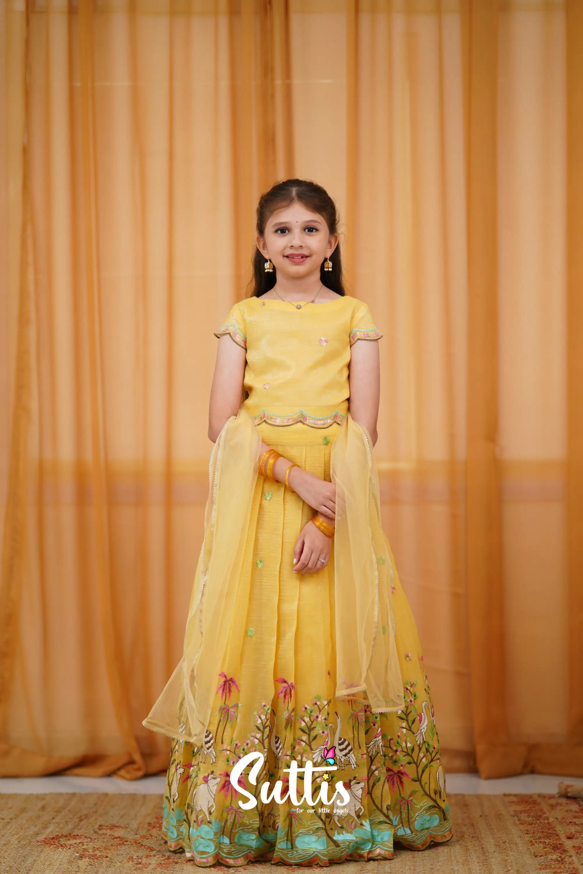 Metallic Chiffon Silk Croptop &amp; Skirt - Yellow Kids-Suttis