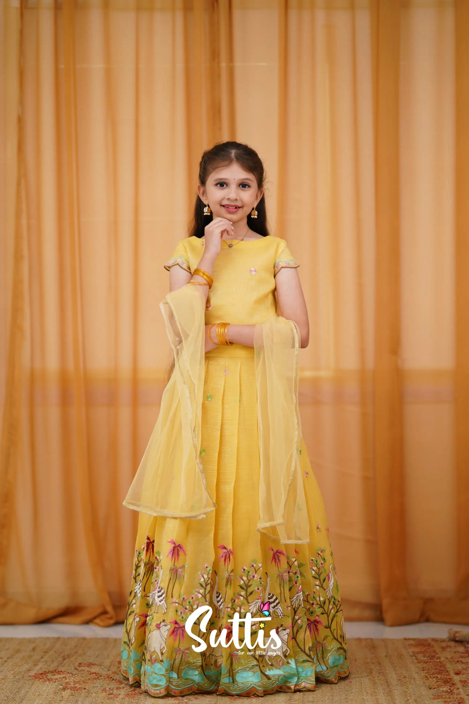 Metallic Chiffon Silk Croptop &amp; Skirt - Yellow Kids-Suttis