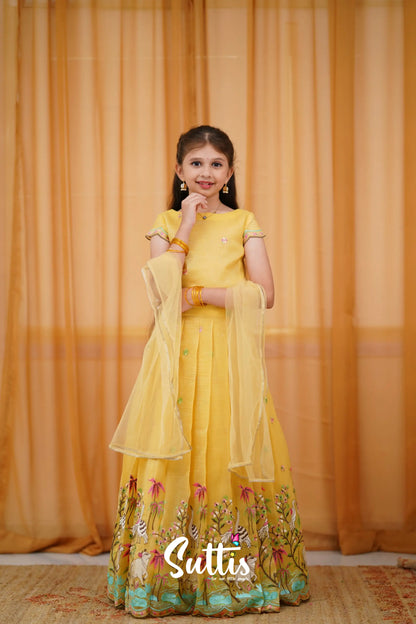 Metallic Chiffon Silk Croptop &amp; Skirt - Yellow Kids-Suttis