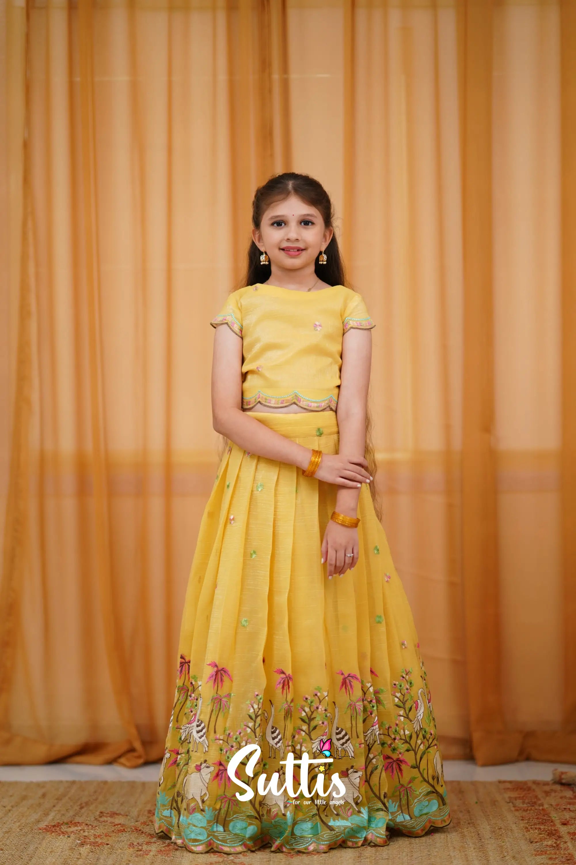 Metallic Chiffon Silk Croptop &amp; Skirt - Yellow Kids-Suttis