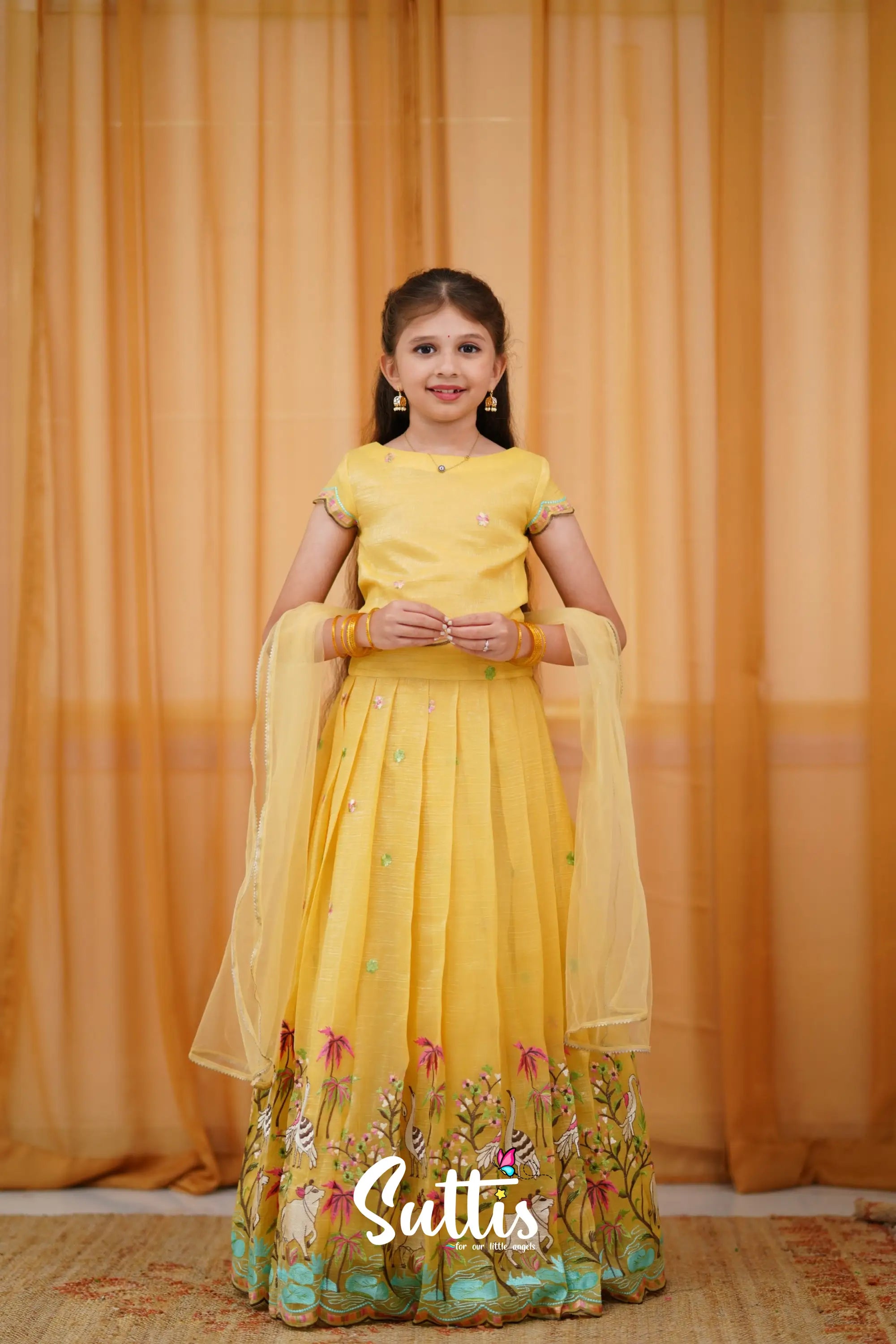 Metallic Chiffon Silk Croptop &amp; Skirt - Yellow Kids-Suttis