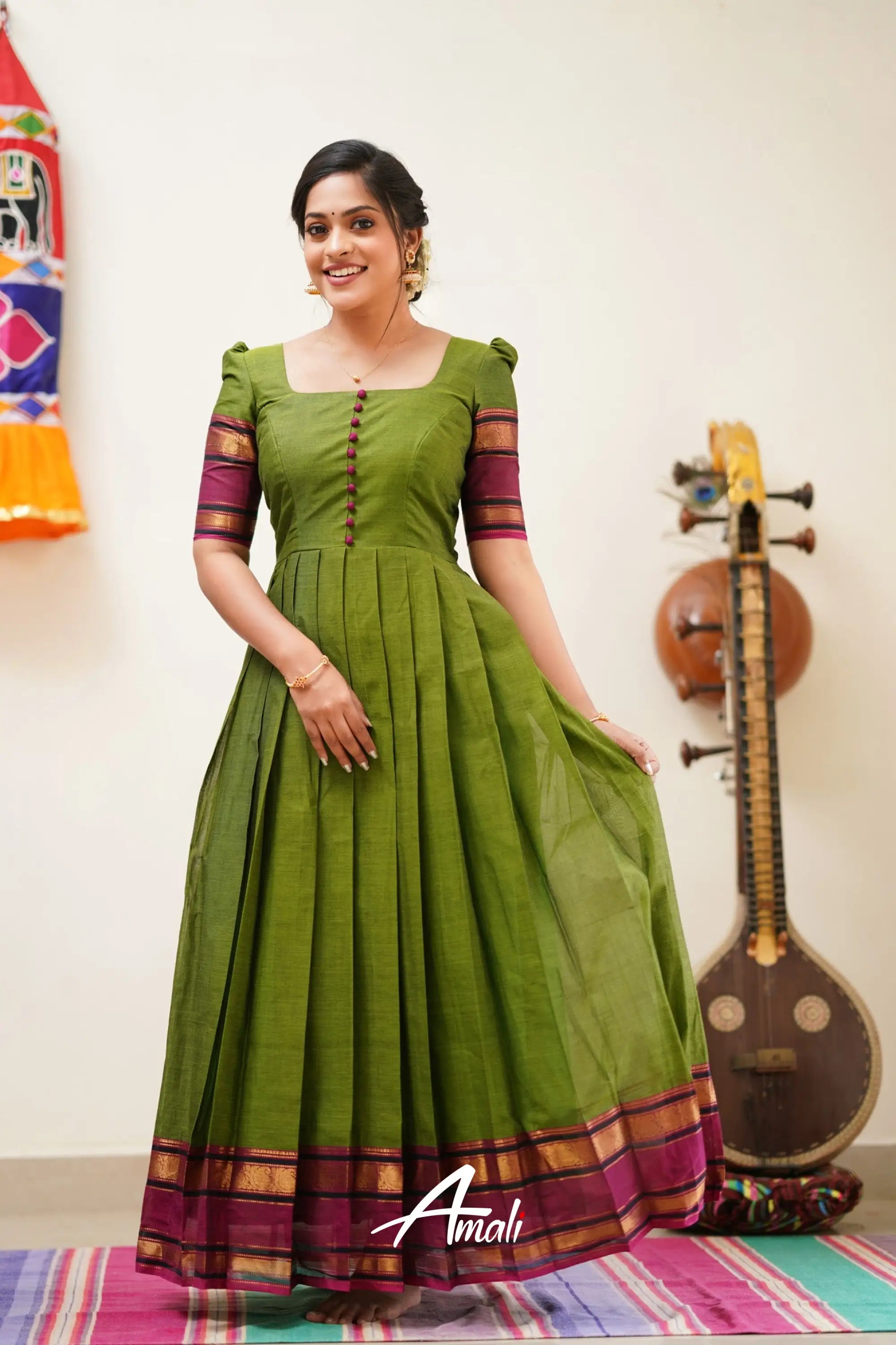 Moss Green With Magenta Cotton Long Gown Gown