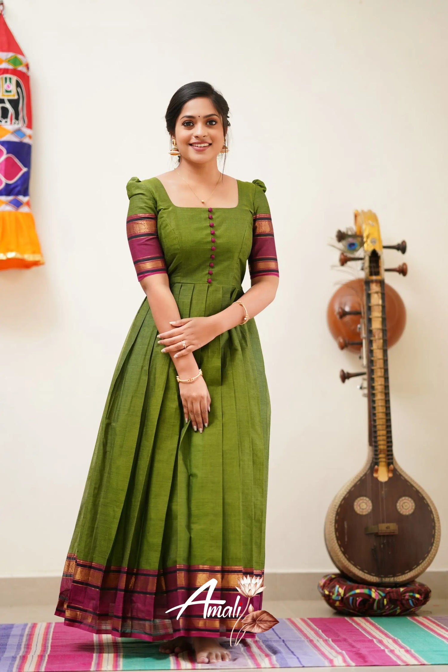 Moss Green With Magenta Cotton Long Gown Gown