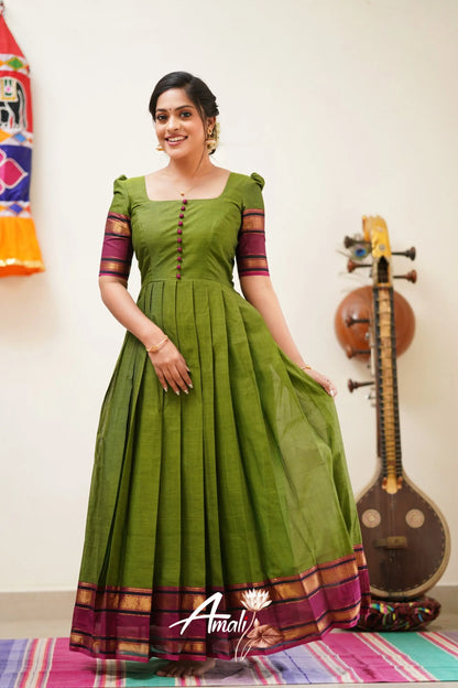 Moss Green With Magenta Cotton Long Gown Gown