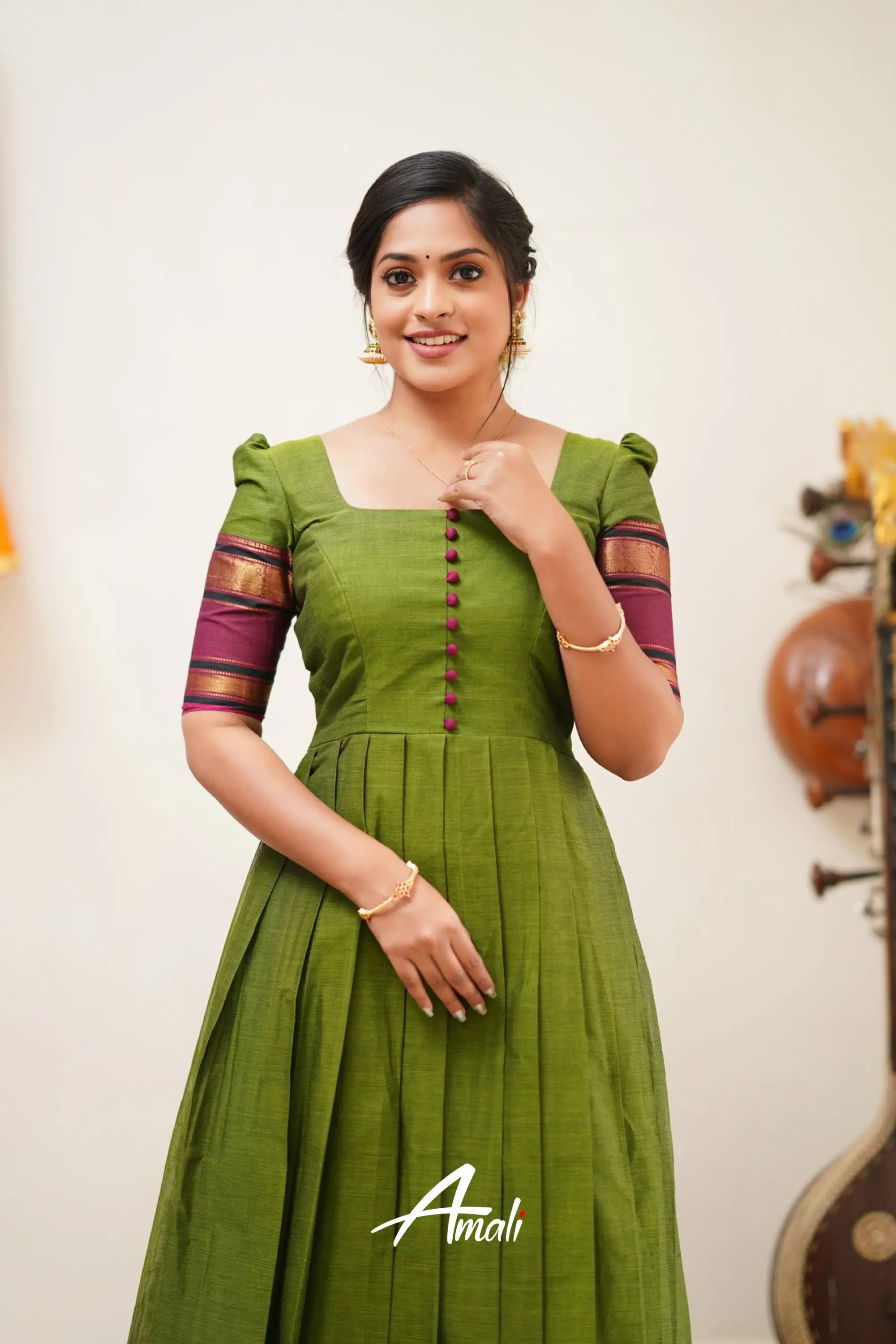 Moss Green With Magenta Cotton Long Gown Gown