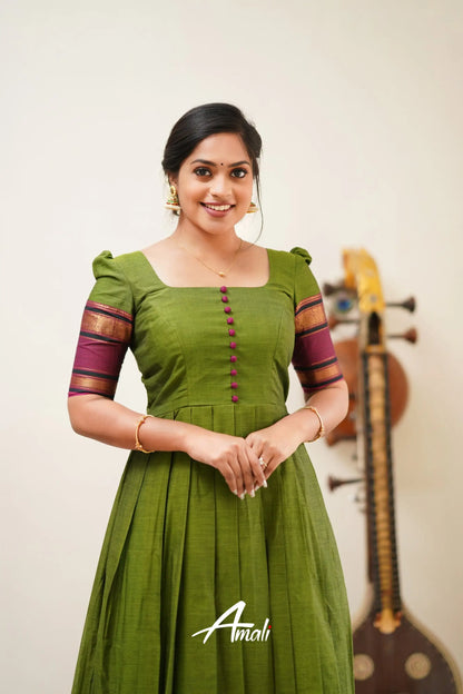 Moss Green With Magenta Cotton Long Gown Gown