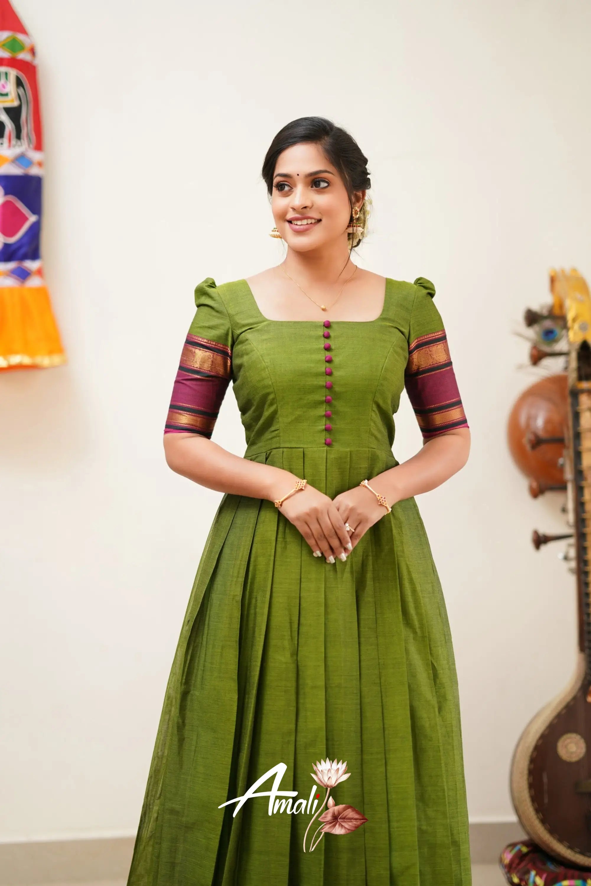 Moss Green With Magenta Cotton Long Gown Gown