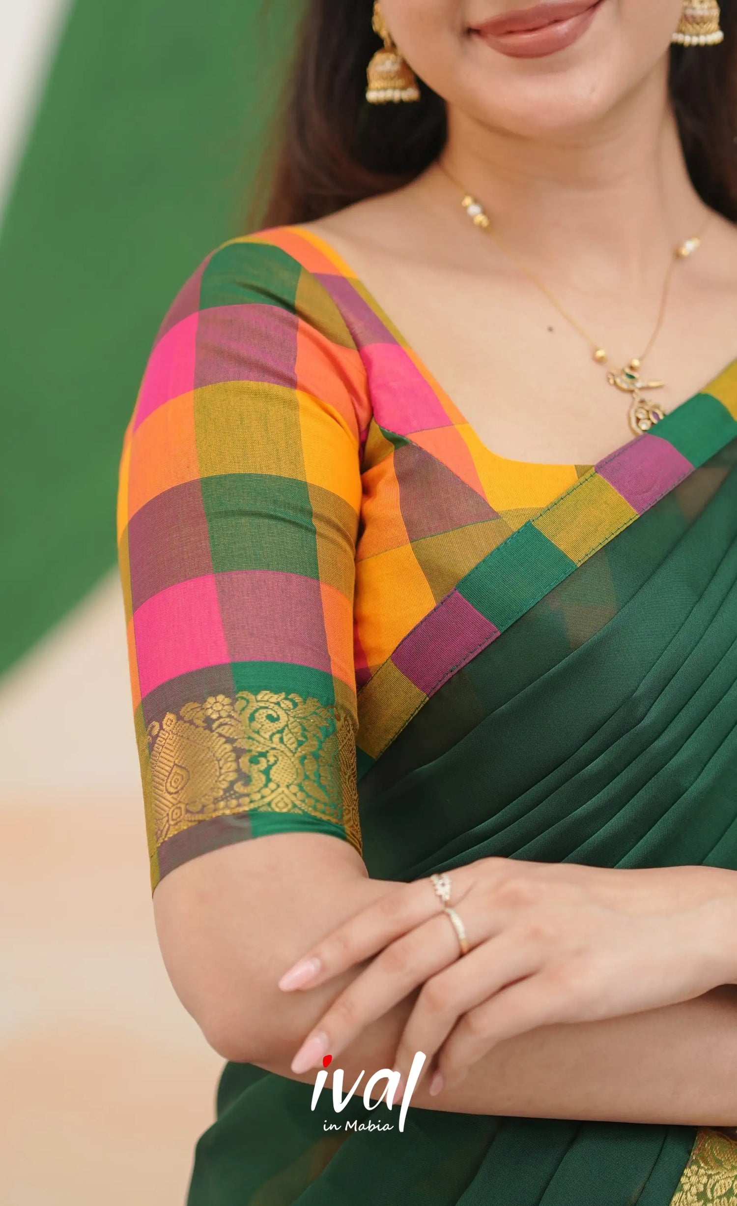 Multi-colour checks with Bottle Green Kandangi Halfsaree Half Sarees