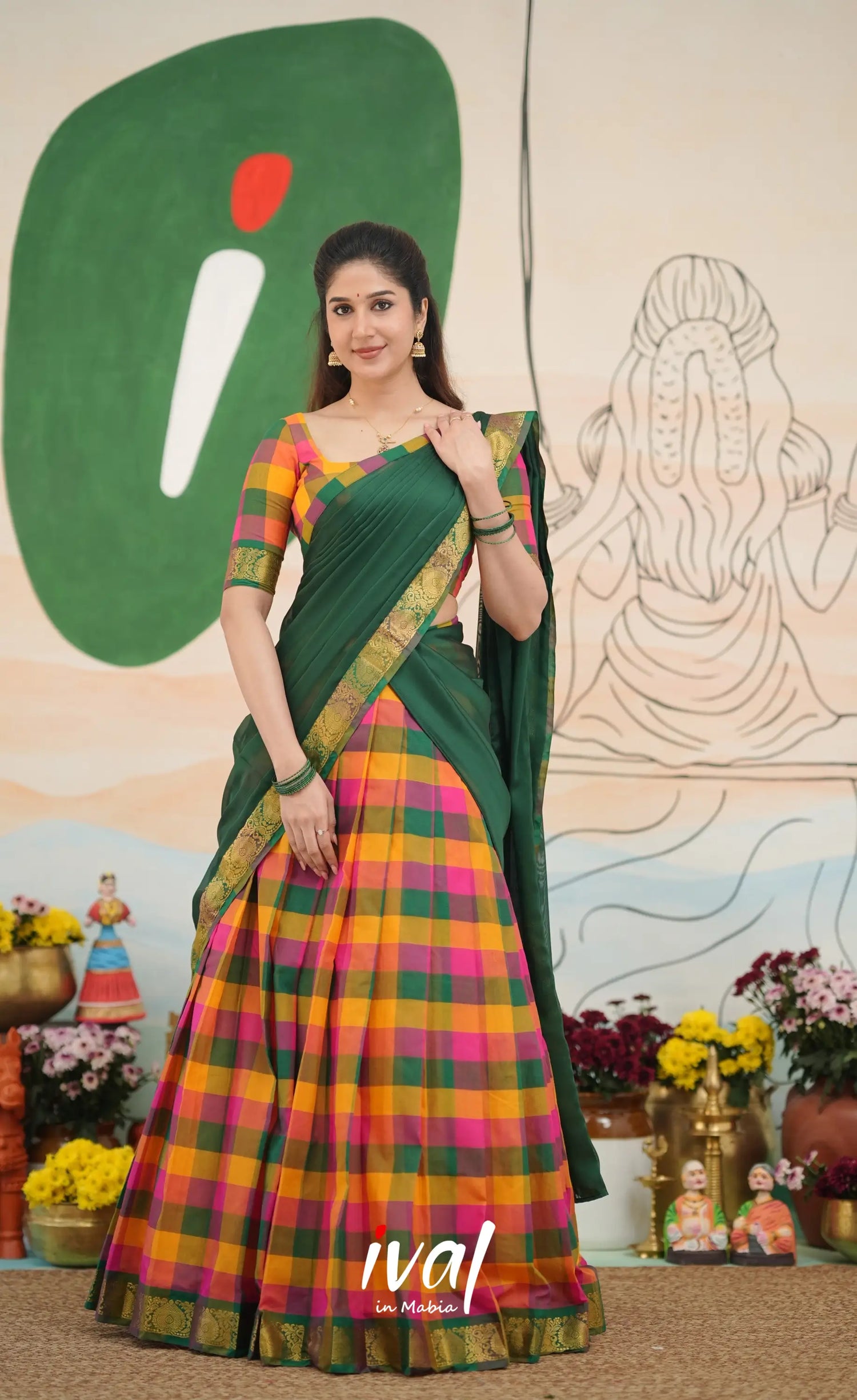 Multi-colour checks with Bottle Green Kandangi Halfsaree Half Sarees