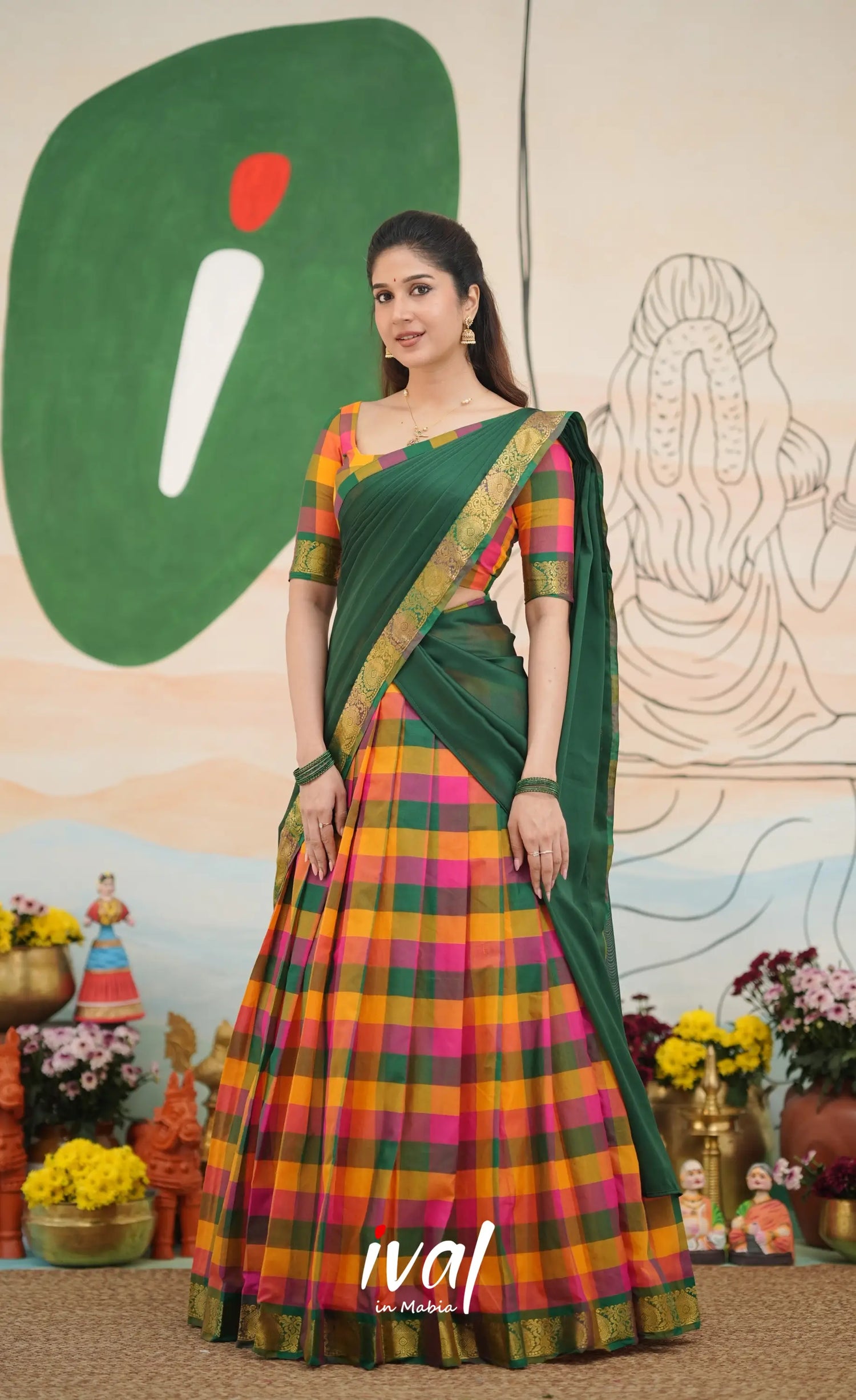 Multi-colour checks with Bottle Green Kandangi Halfsaree Half Sarees