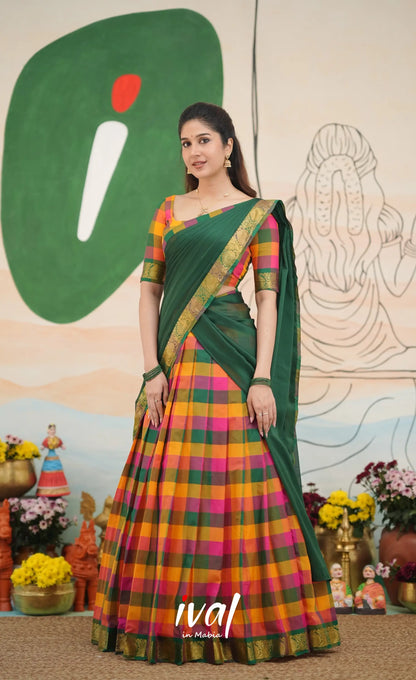 Multi-colour checks with Bottle Green Kandangi Halfsaree Half Sarees