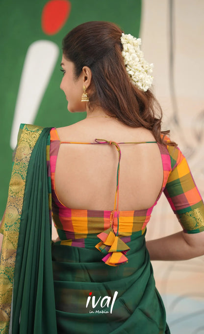 Multi-colour checks with Bottle Green Kandangi Halfsaree Half Sarees