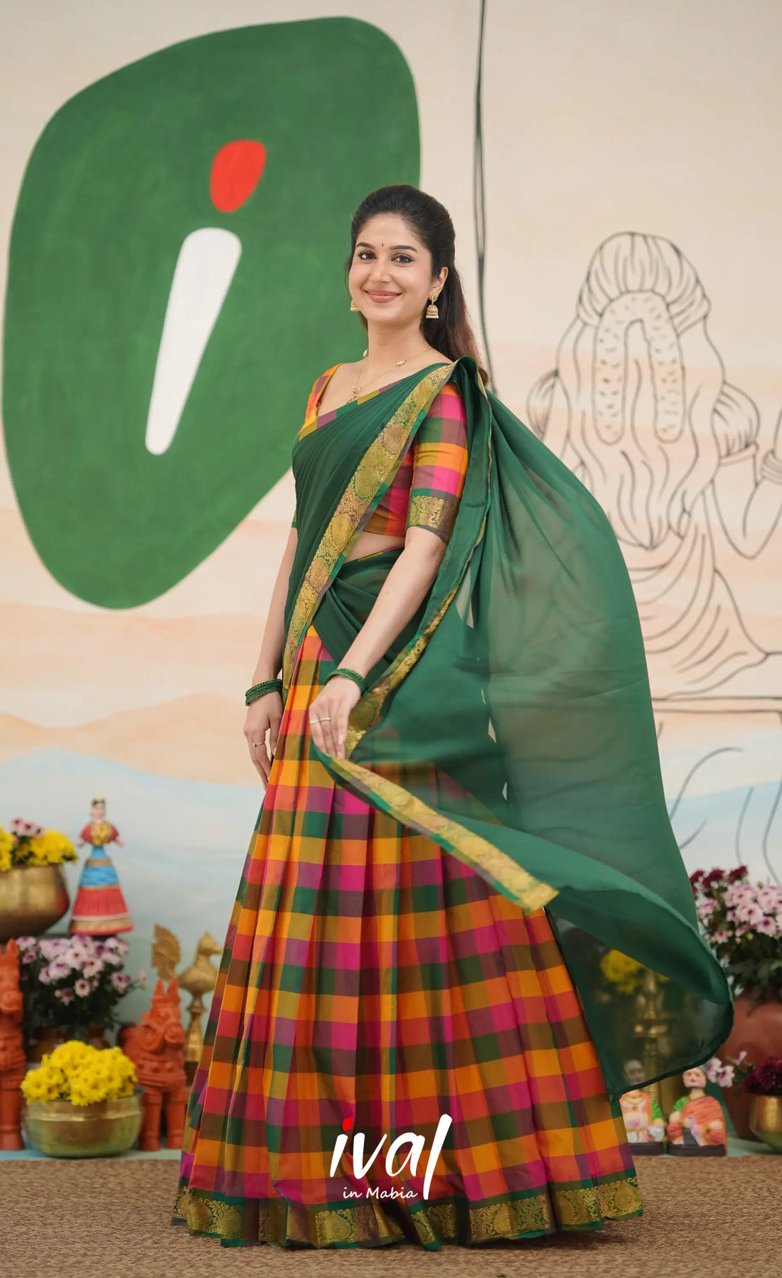 Multi-colour checks with Bottle Green Kandangi Halfsaree Half Sarees