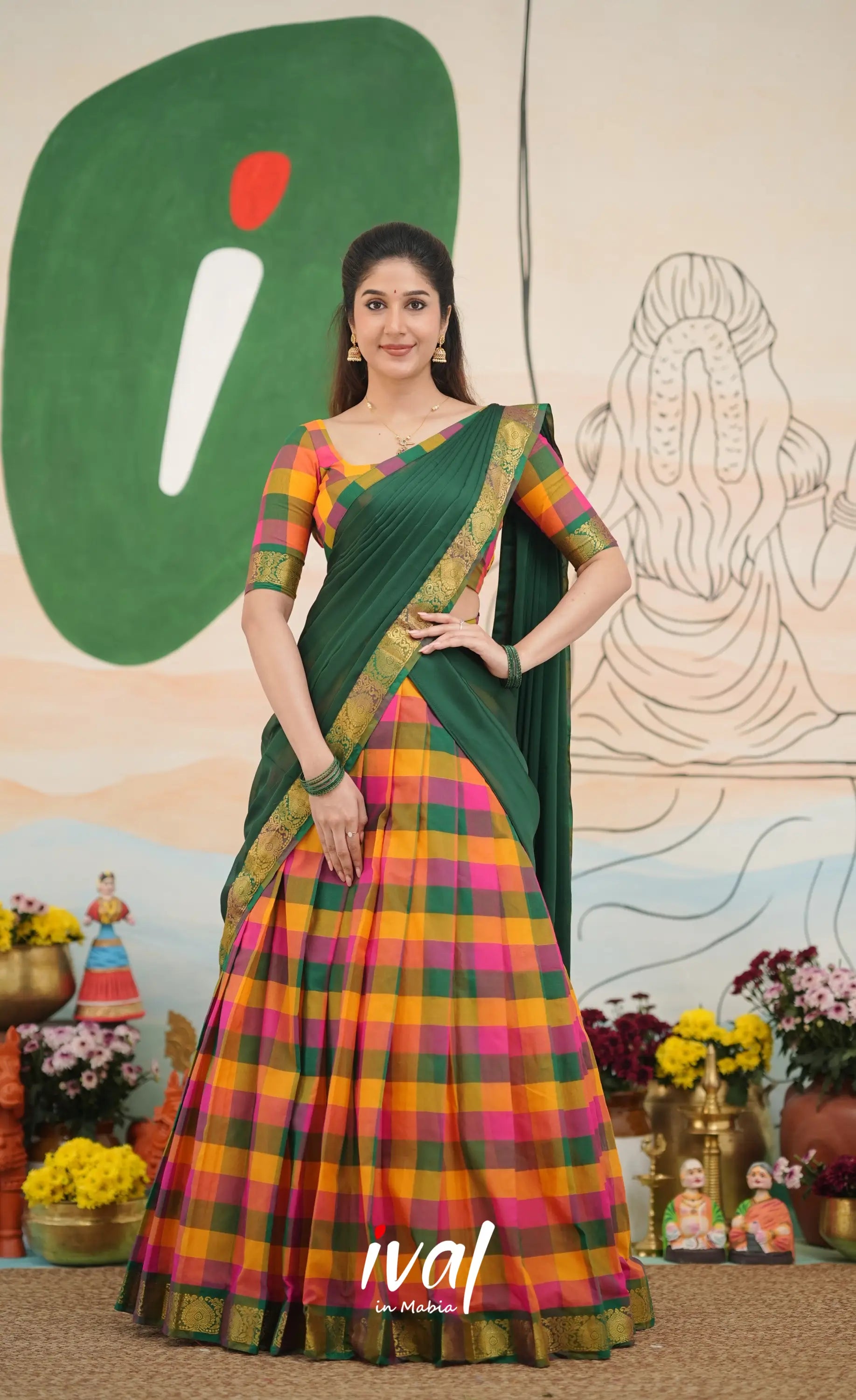 Multi-colour checks with Bottle Green Kandangi Halfsaree Half Sarees