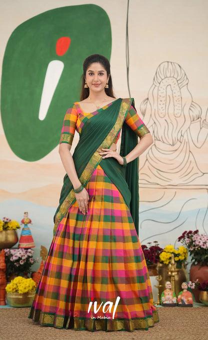 Multi-colour checks with Bottle Green Kandangi Halfsaree Half Sarees