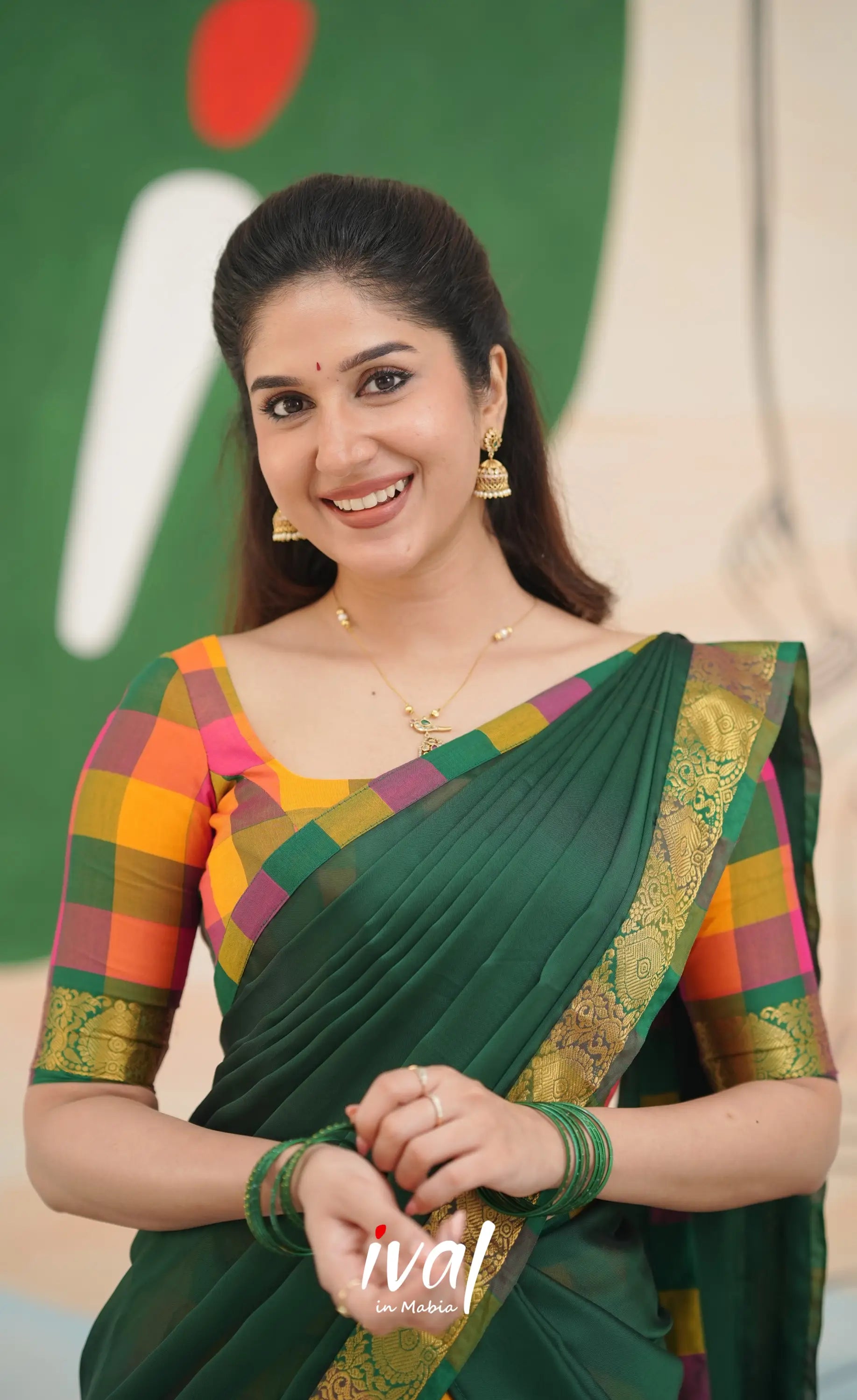 Multi-colour checks with Bottle Green Kandangi Halfsaree Half Sarees