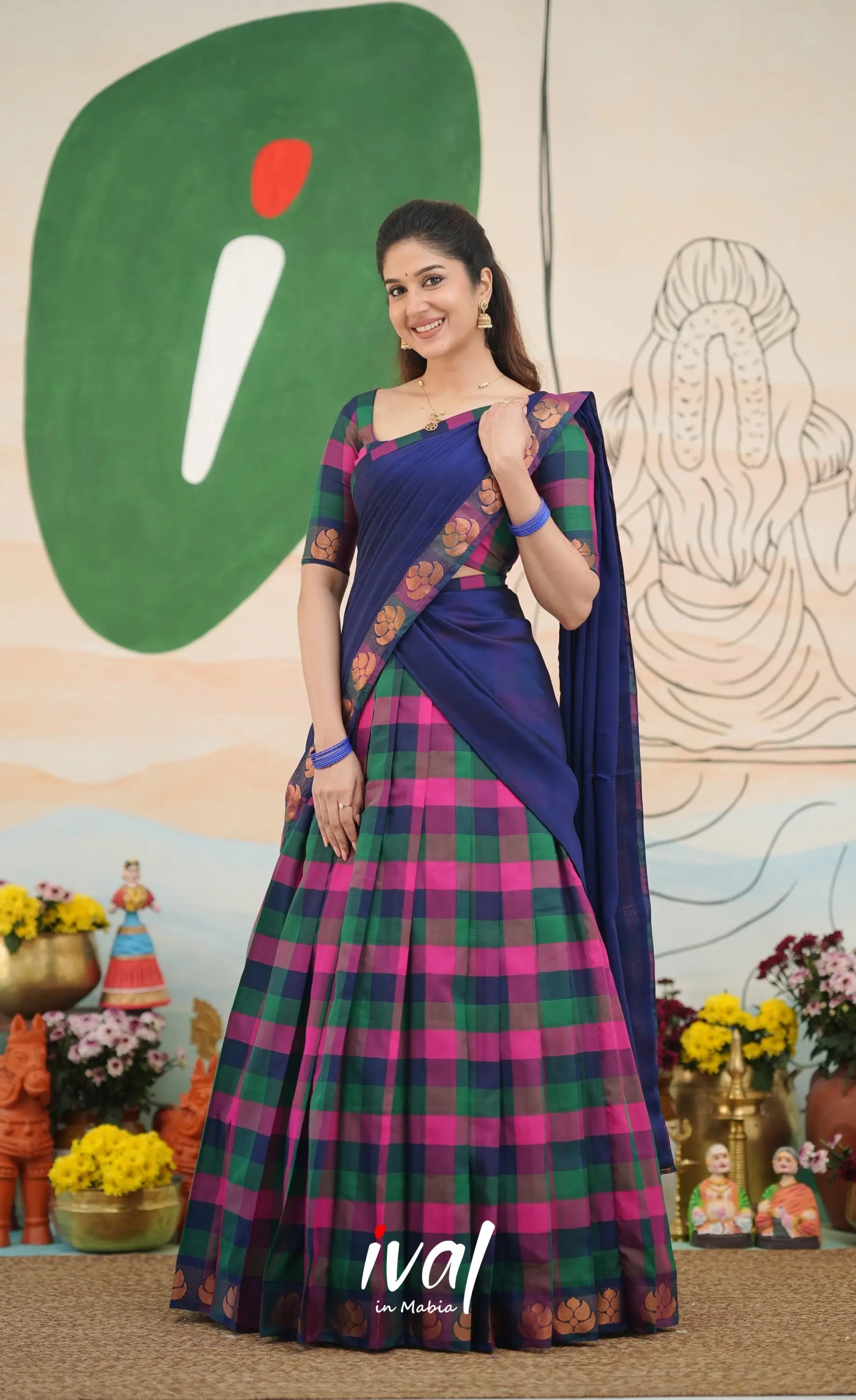 Multi-colour checks with Deep Blue Kandangi Halfsaree Half Sarees