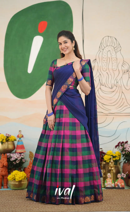 Multi-colour checks with Deep Blue Kandangi Halfsaree Half Sarees