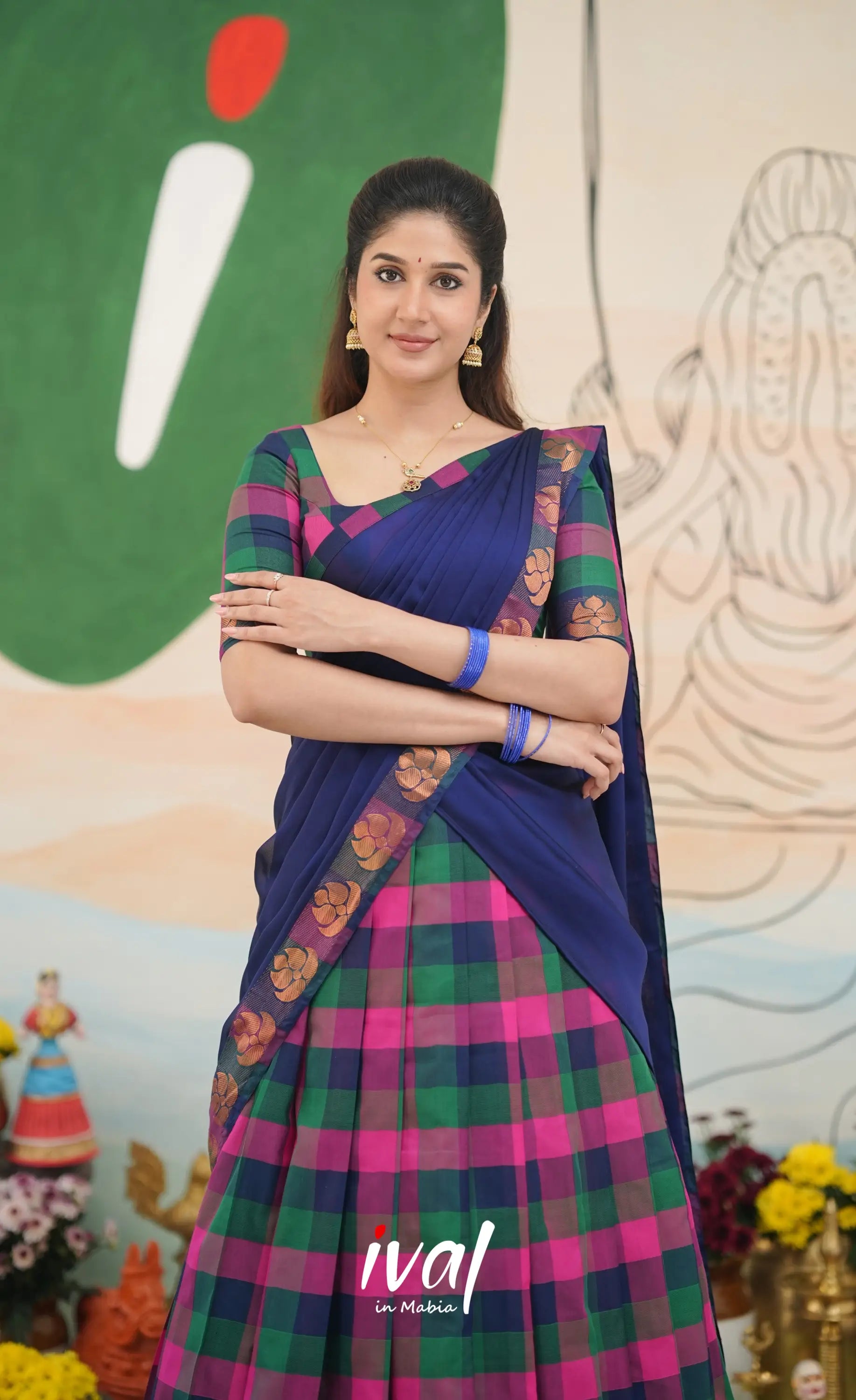 Multi-colour checks with Deep Blue Kandangi Halfsaree Half Sarees