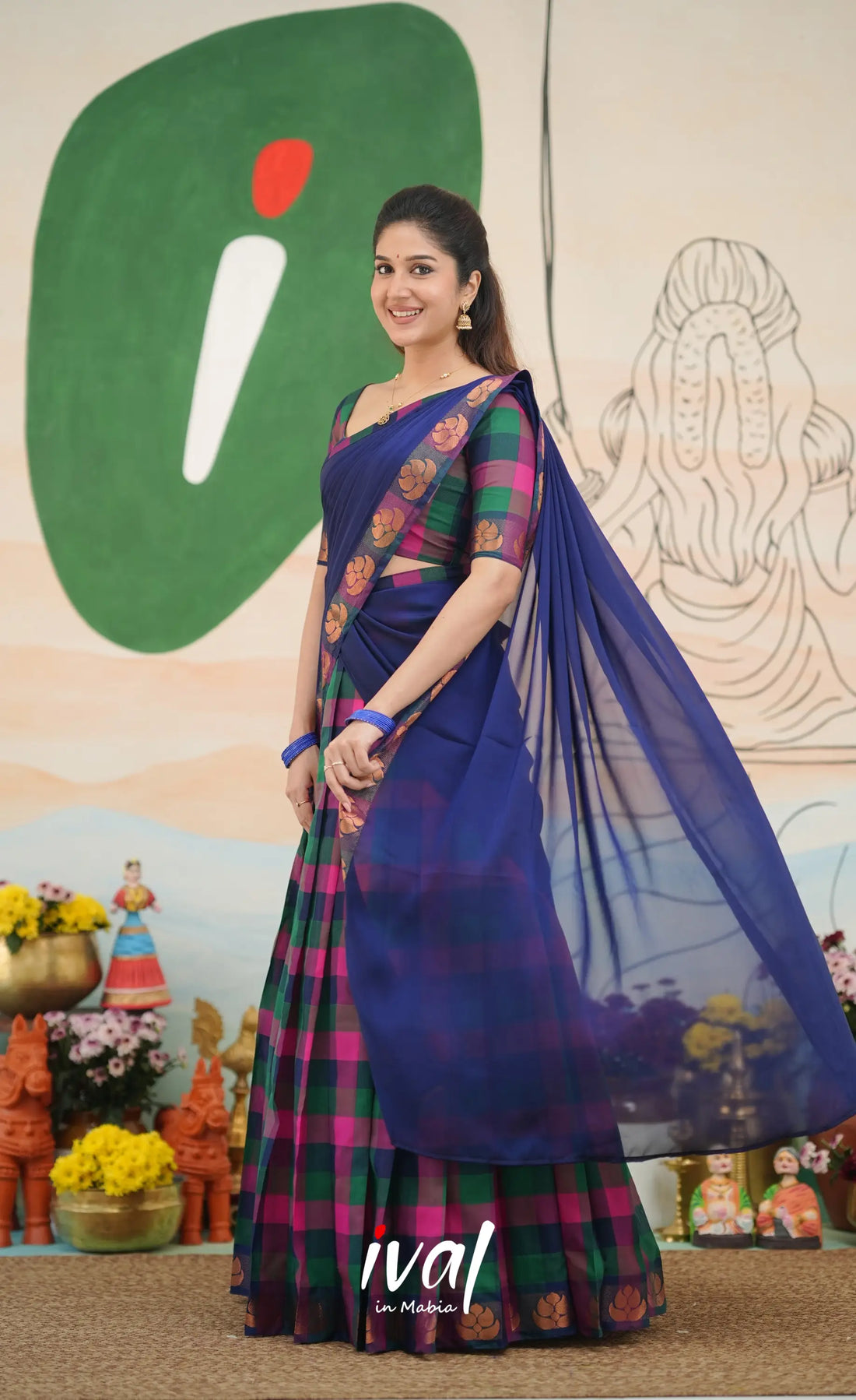 Multi-colour checks with Deep Blue Kandangi Halfsaree Half Sarees