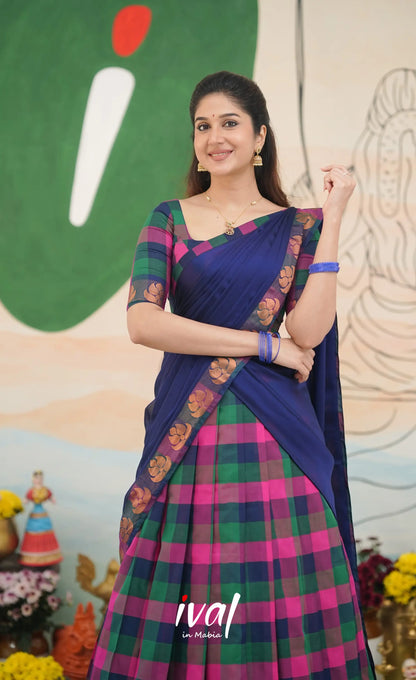Multi-colour checks with Deep Blue Kandangi Halfsaree Half Sarees