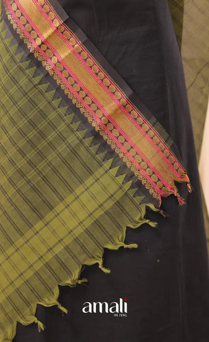 Multi-Shade Olive Checks With Black Chettinad Cotton Dupatta salwar