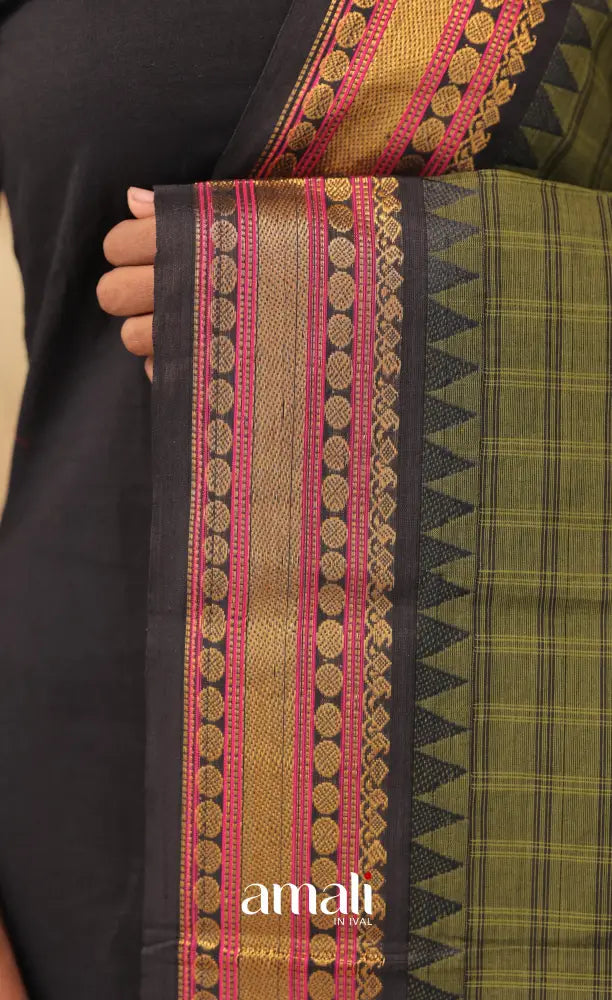 Multi-Shade Olive Checks With Black Chettinad Cotton Dupatta salwar