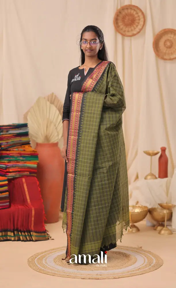 Multi-Shade Olive Checks With Black Chettinad Cotton Dupatta salwar