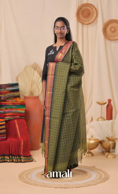 Multi-Shade Olive Checks With Black Chettinad Cotton Dupatta salwar
