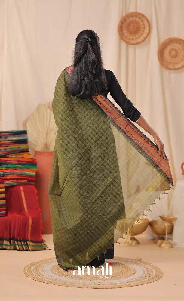 Multi-Shade Olive Checks With Black Chettinad Cotton Dupatta salwar