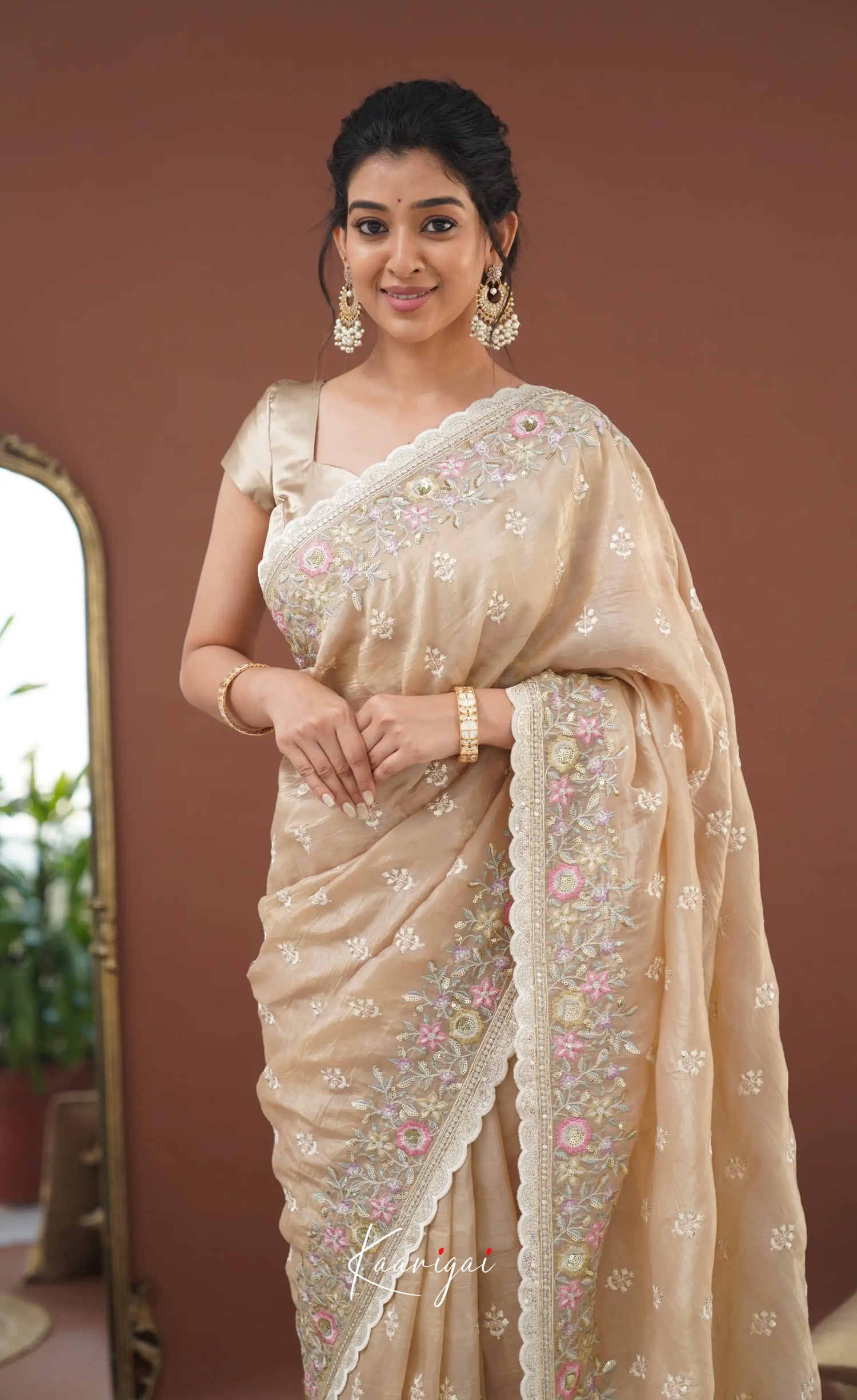 Nakshatra Crushed Tissue Saree - Beige Sarees