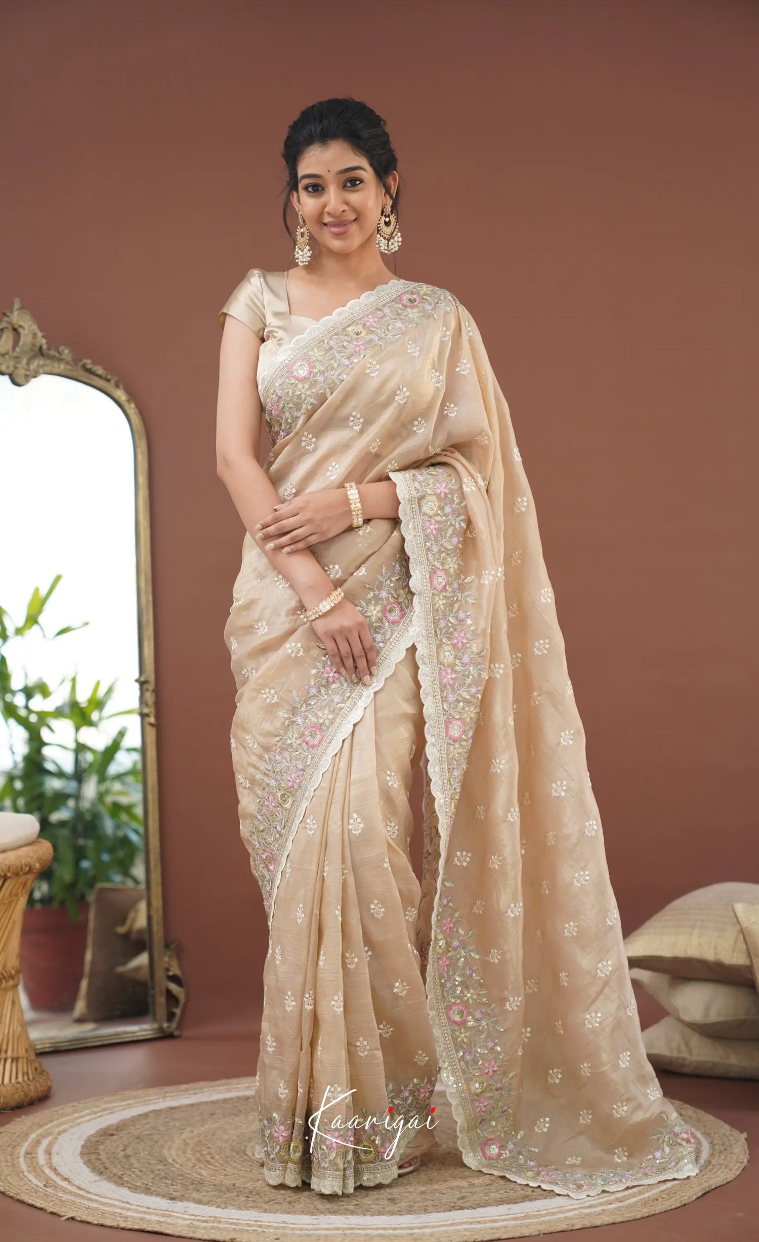 Nakshatra Crushed Tissue Saree - Beige Sarees