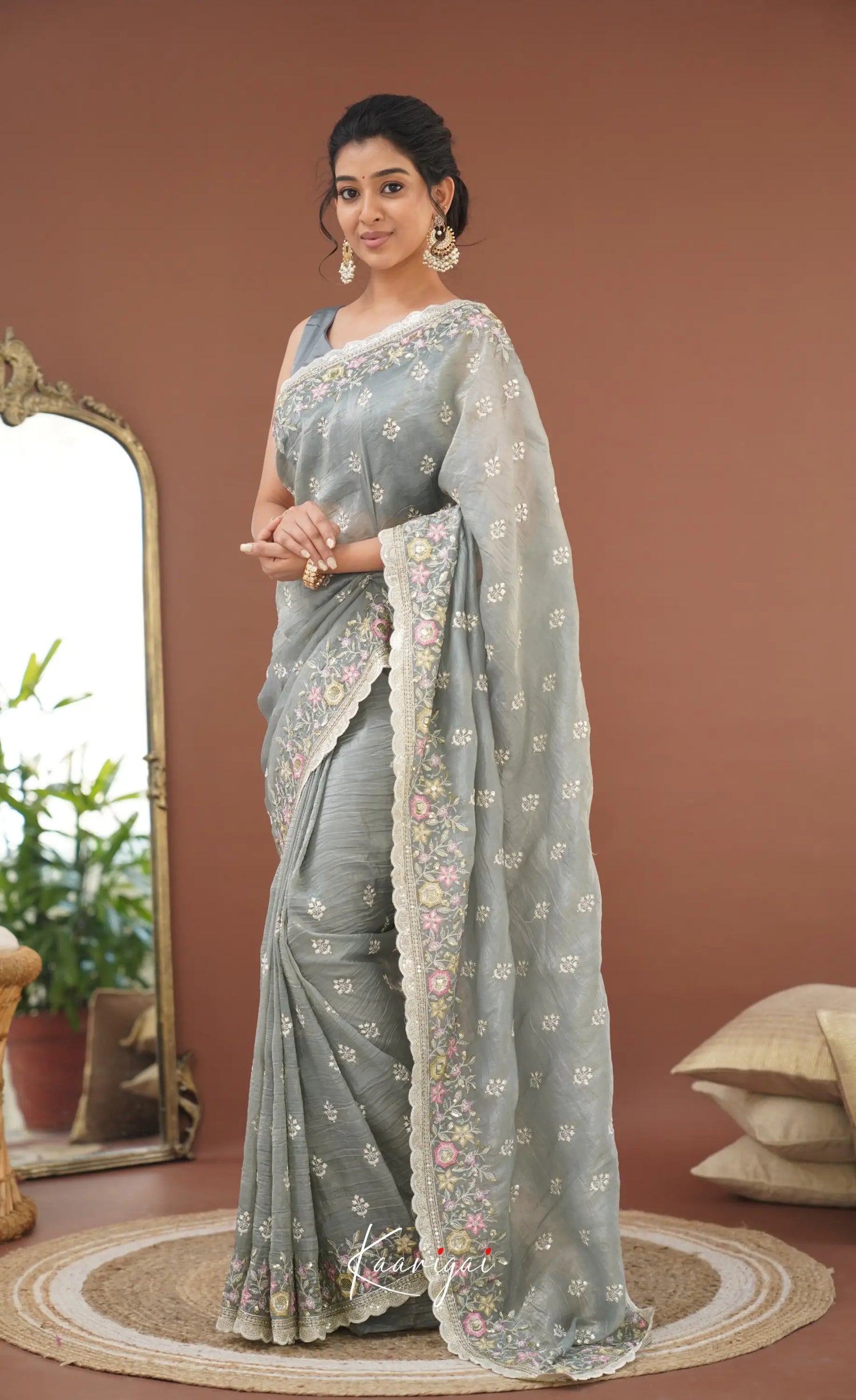 Nakshatra Crushed Tissue Saree - Grey Sarees