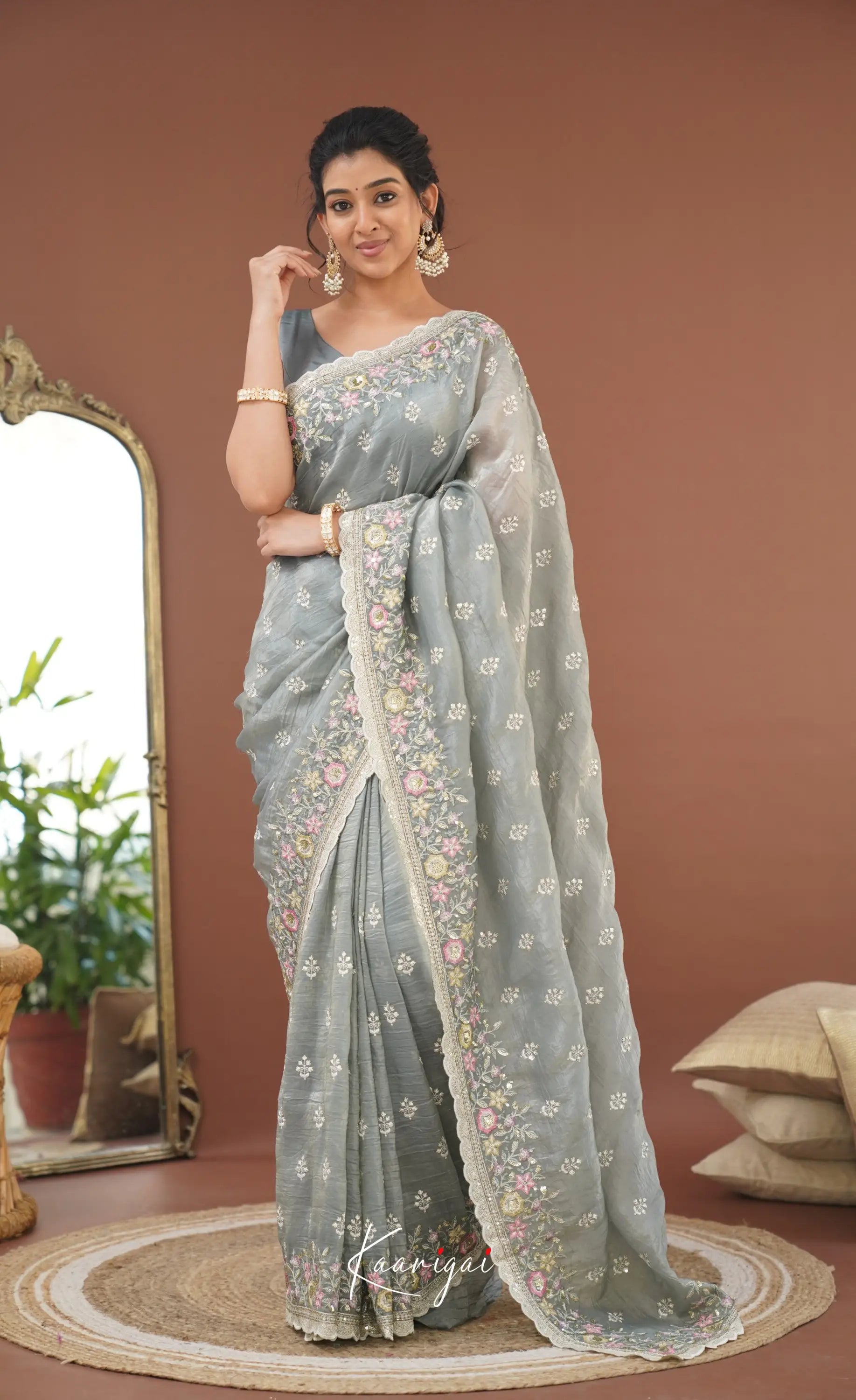 Nakshatra Crushed Tissue Saree - Grey Sarees