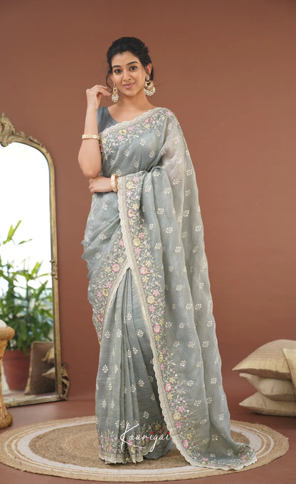 Nakshatra Crushed Tissue Saree - Grey Sarees