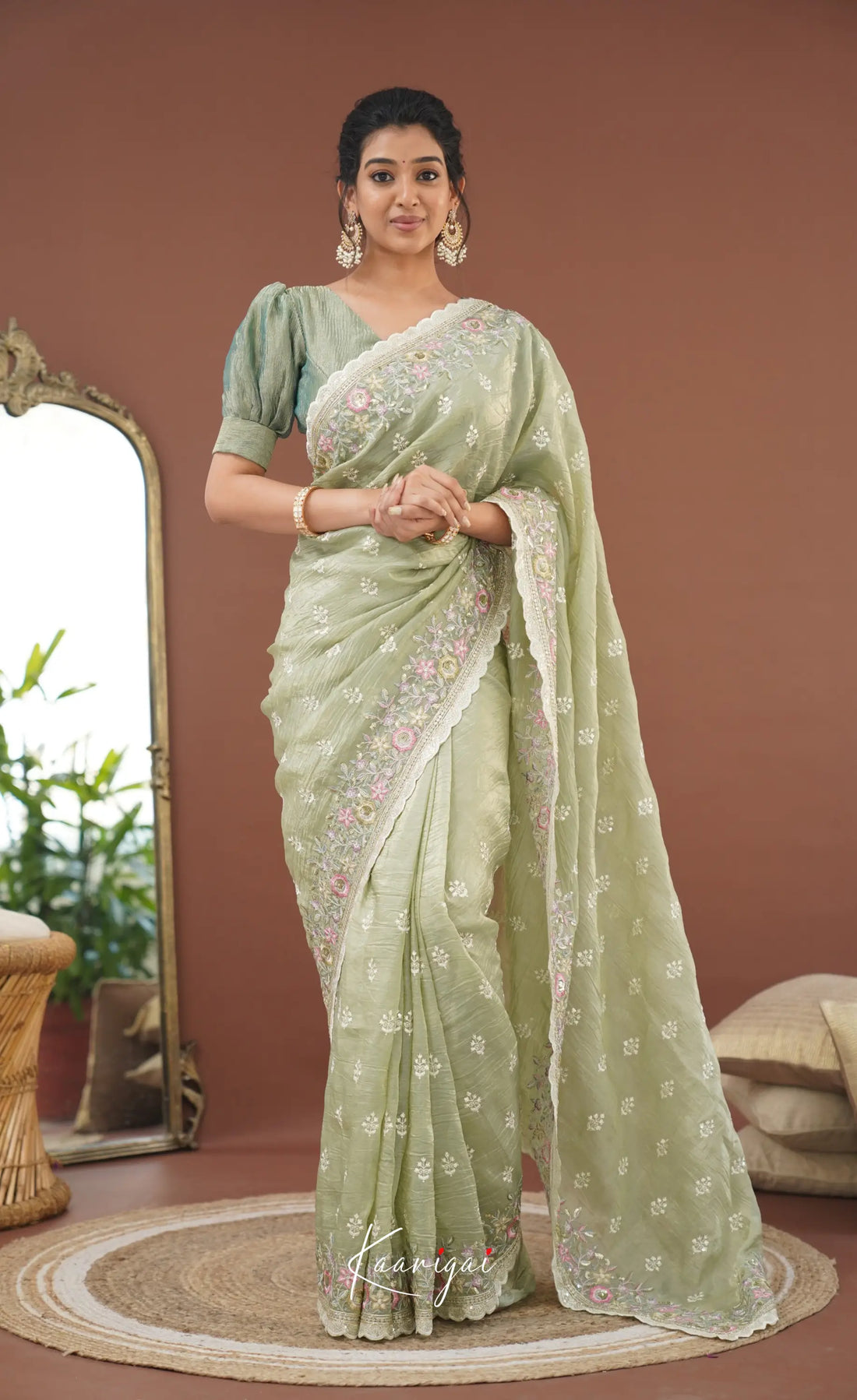 Nakshatra Crushed Tissue Saree - Pastel Green Sarees