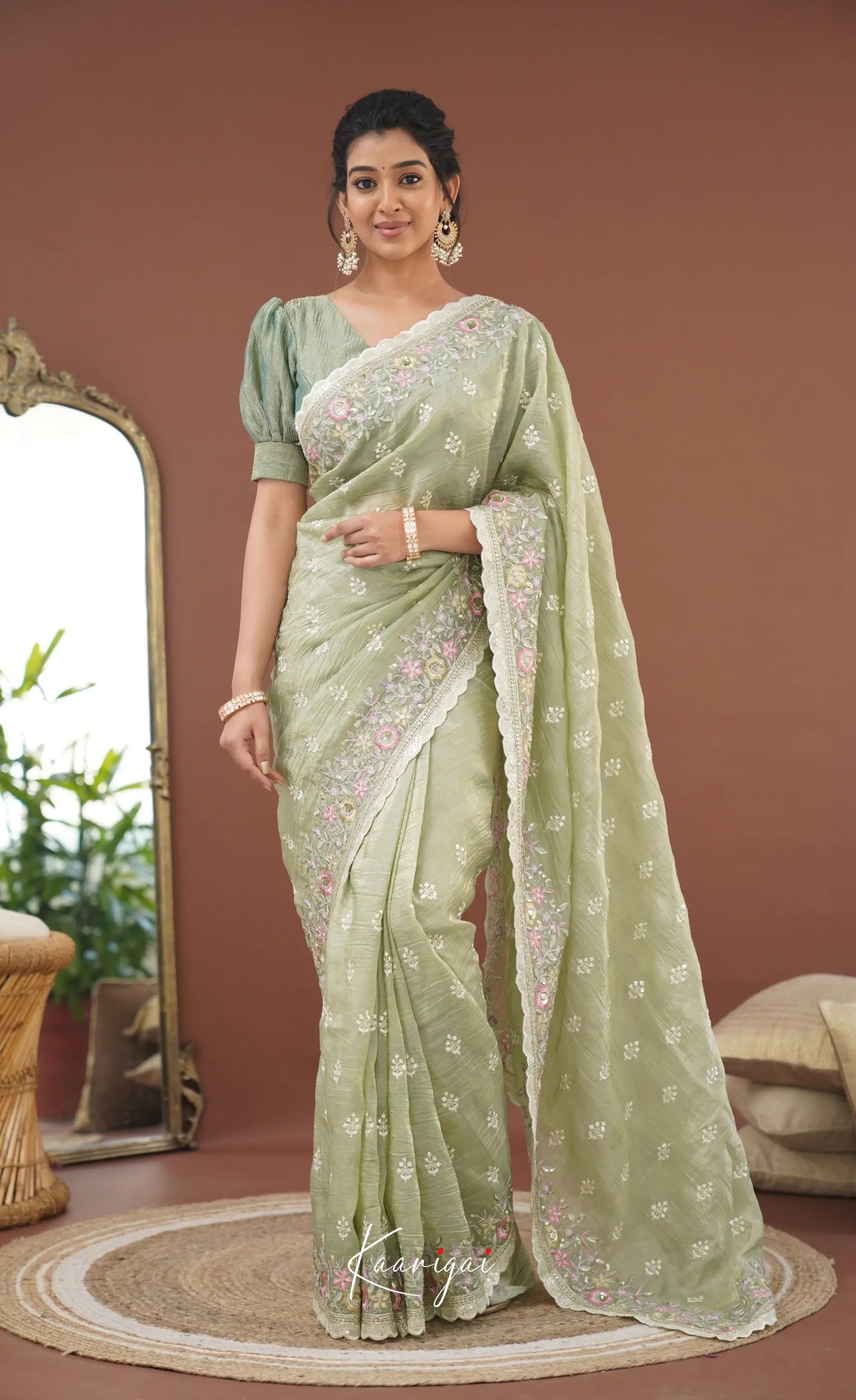 Nakshatra Crushed Tissue Saree - Pastel Green Sarees