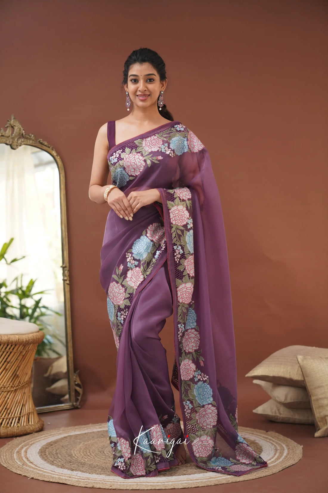 Nakshatra Flowy Net Organza Saree - Dark Purple Sarees