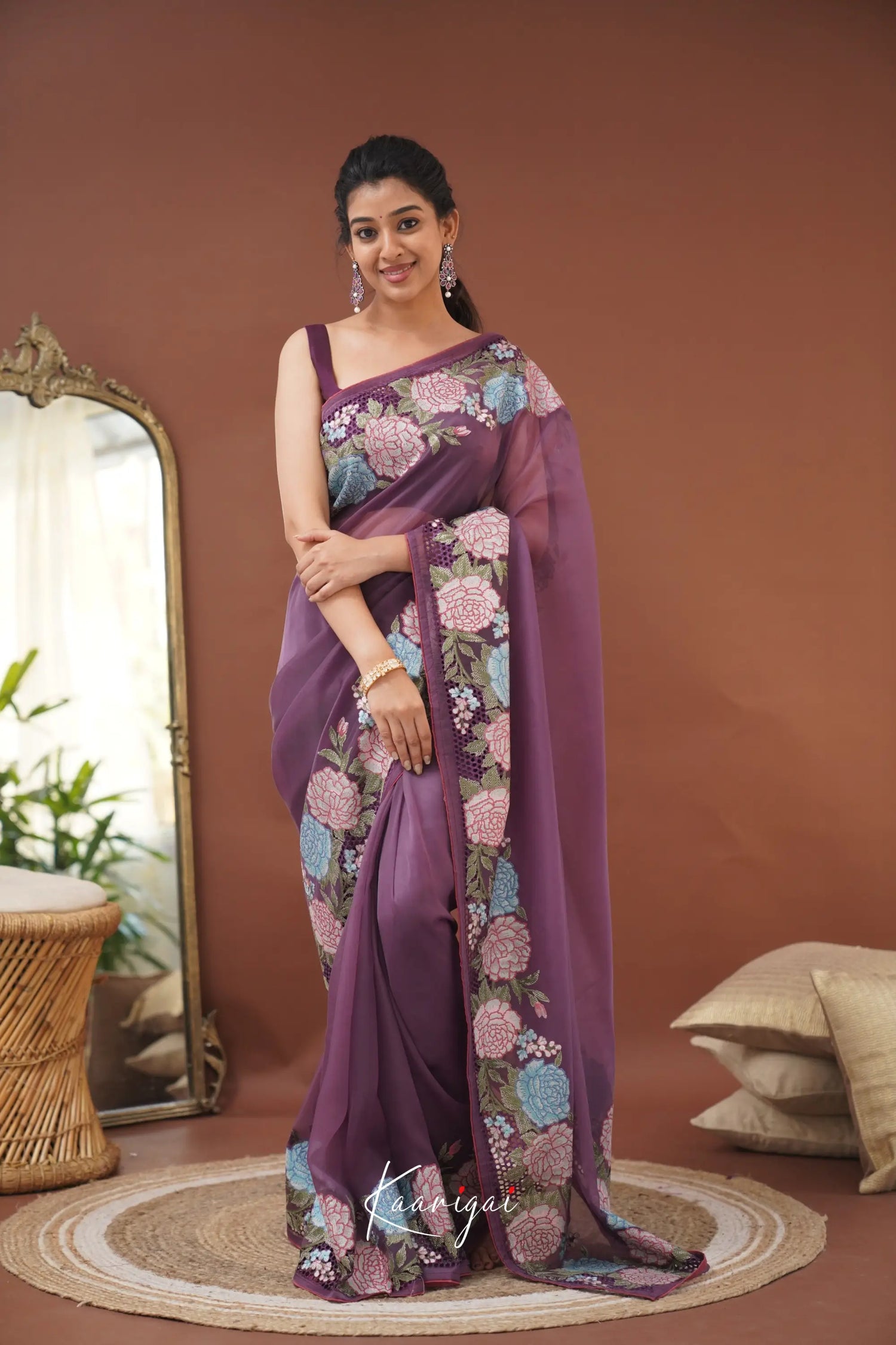 Nakshatra Flowy Net Organza Saree Dark Purple
